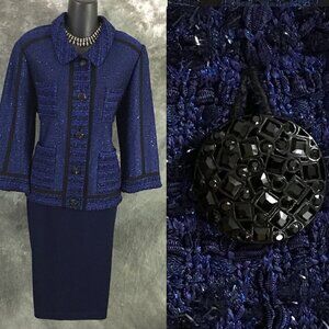 NWT NEW St John knit evening Blue shimmer embellished jacket skirt suit 8 10